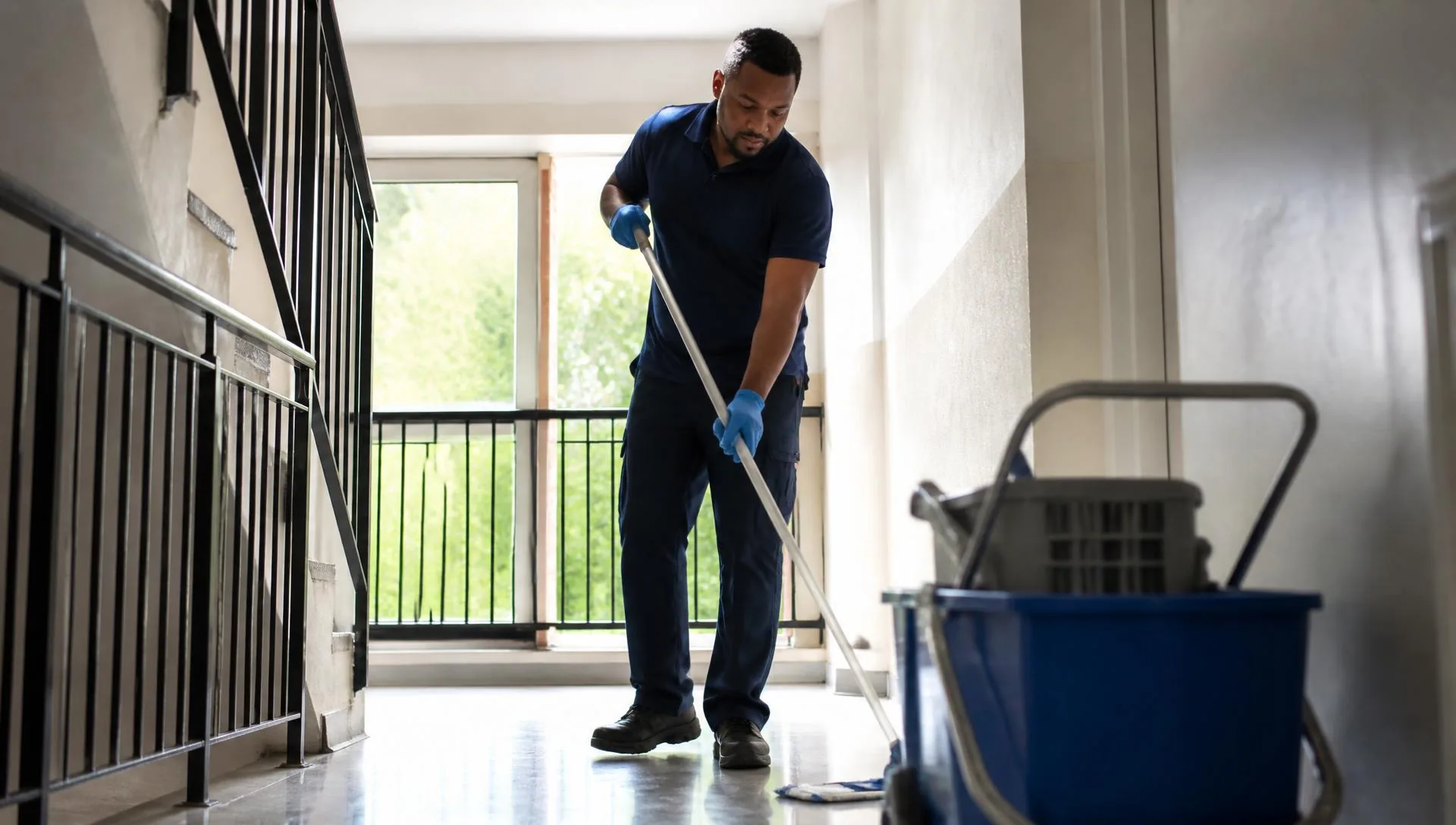 Cleaning operative mopping a communal hallway in a London residential block
