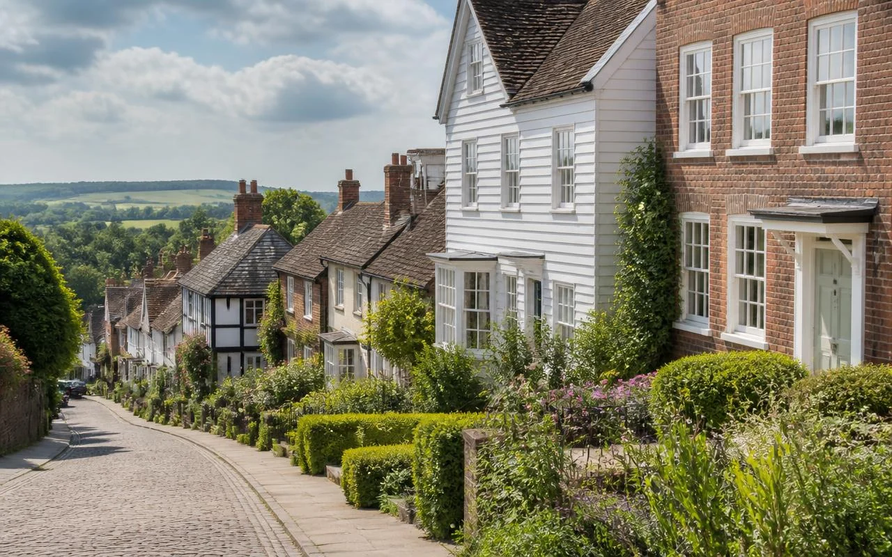 Brick and weatherboard houses with tidy front gardens on a residential street in Kent
